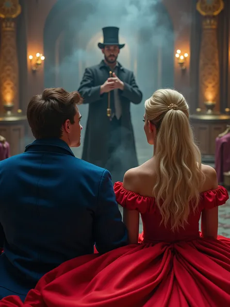 A brown-haired man in a blue jacket and a beautiful blonde woman in a red full dress sitting next to him, a magician with a magic wand stands in the background, high details of the shape, cinematic style