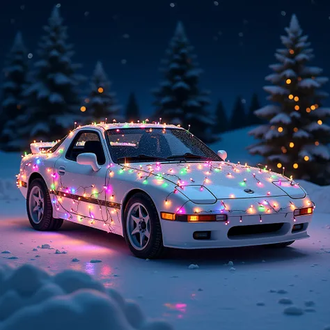 White Mazda RX-7 FC3S SAVANNA 1988, Christmas,and colorful Christmas lights 