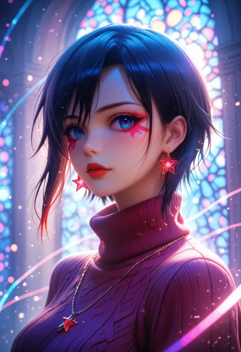 Anime, upper body: adult woman, Galactic aura,short dark hair, corduroy turtleneck sweater burgundy, huge boobs, star earrings, necklace, despair expression, red lips, , highly detailed 4k resolution, volumetric lights, crispy colors, cowboy shot, finely d...