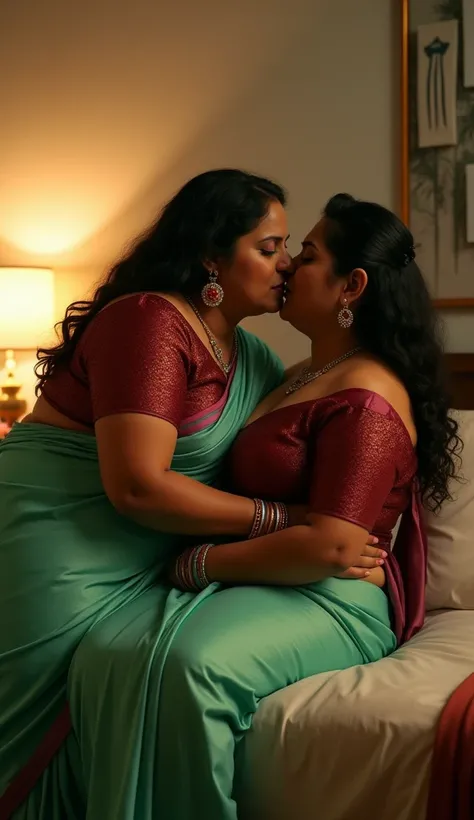 Indian 36 year old  plus sized wife ,(wearing light green colour reflective saree and meroon colour glossy deep neck blouse) and 20 year old man driver kissing on bed. One man sitting on chair And he watching that, very bright light