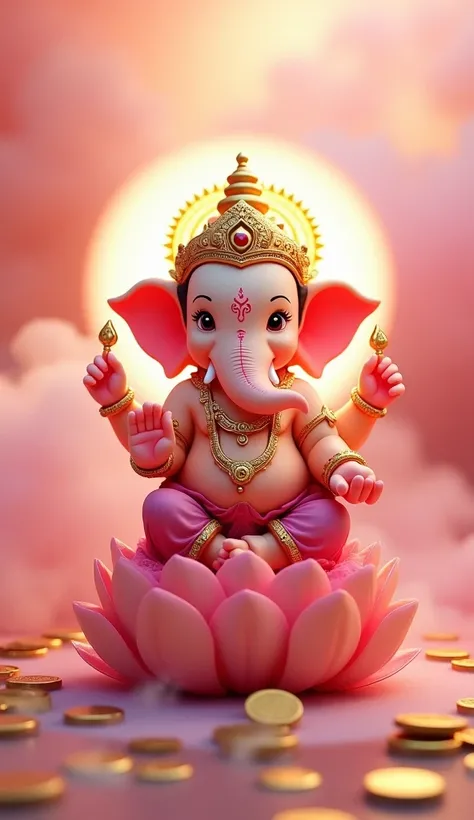 CG Design Ganesha cute little has a pink body with 4 hands and a glowing halo around his head. in the sky with Thai identity, very exquisite, Thai pattern, intricately detailed On a Lotus base floating in the air,Gold coins piled up on the floor.very high,...