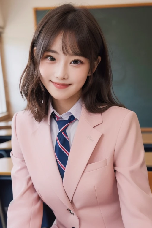 ((top quality, 8k,   Masterpiece :1.3)),  1 girl,  slim, (  Casual hairstyle , big:1.2), (Pink dress shirt,  red tie,   dark blue blazer :1.2), 超 slimな顔,  delicate eyes,  double eyelid , smile, (classroom:1.0)