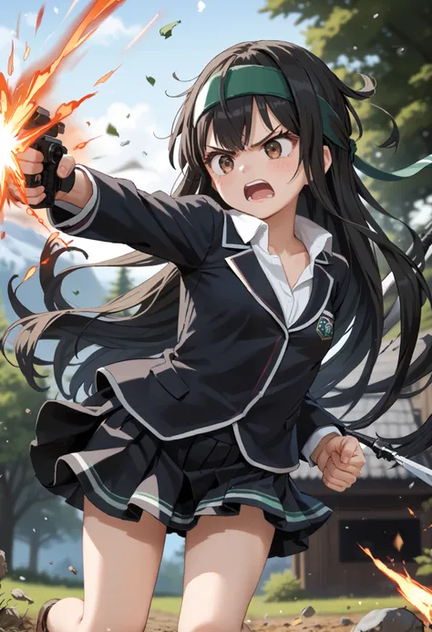  score_9, score_8_up, score_7_up, score_Anime, idealized form, natural light,  detailed background,blurry background, very detailed,(),First frost( kancoll), Brown Eyes ,(left(white)right(green)) headband behind a tree,(black)long hair,(low)hair,(black)hai...