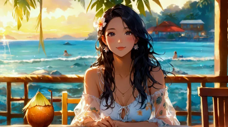 Illustrate a medium wide shot of a cheerful Asian woman in her twenties. In a restaurant by the seaside, she is sitting at the table and drinking coconut water from a coconut placed on the table top. Her fair complexity smoothly glows, accentuating her dia...