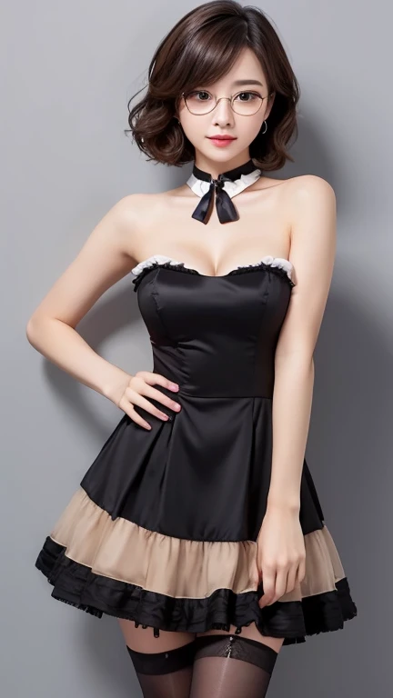 full body picture of adult woman in a sexy maid dress, posing seductively in dress , strapless european main dress, tube-top dress, opened dress, mini dress, stylish dress, sexy dress, cute dress, elegant dress,  straight across neckline dress, pleated fri...