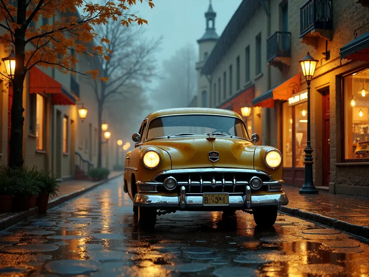 November rainy evening in a small, historic town. Light from street lamps and shop windows. Vintage car from the 60s