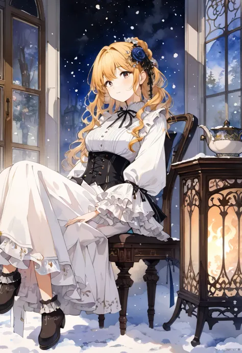    Attractive young woman reading a book in front of the fireplace   、    Night 、,(((watercolor))),  (((gothic))), ,she was adorned with hair accessories、, Wavy Golden Hair  。    Ruffled mini skirt, sheの表情は自然だ,   With a quiet expression  . she wore a dress...