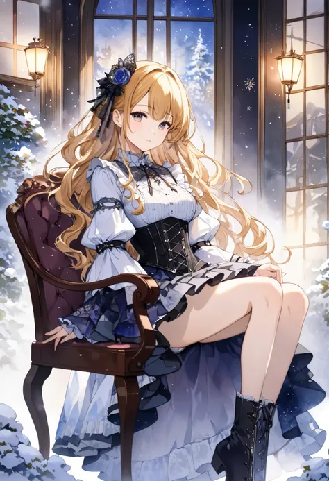    Attractive young woman reading a book in front of the fireplace   、    Night 、,(((watercolor))),  (((gothic))), ,she was adorned with hair accessories、, Wavy Golden Hair  。    Ruffled mini skirt, sheの表情は自然だ,   With a quiet expression  . she wore a dress...