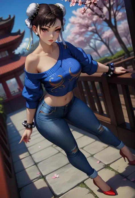 score_9, score_8_up, score_7_up, 1girl, solo, beautiful waifu, thicc, (Chun-Li:1.2), wearing (tight jeans:1.2), (off shoulder sweater:1.1), navel, (heels:1.2), detailed eyes, detailed face, flirt, (sexy pose:1.2), in beautiful Kyoto park, cherry blossoms, ...