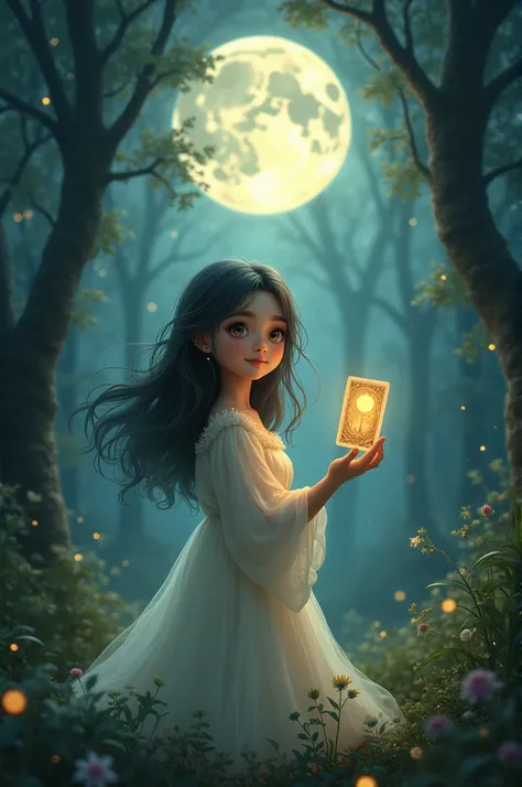 cute girl holding tarot card on full moon background