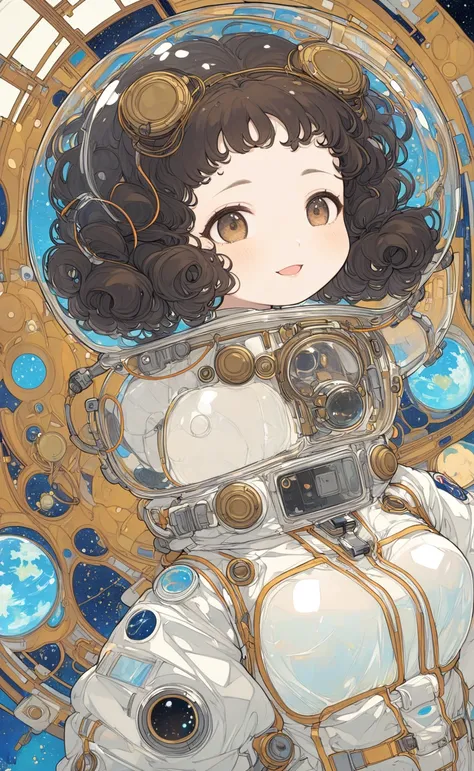 Space Station, Clear glass space suit, 1 girl, large head, little fat, half open mouth, smile, brown eyes, forehead, black curly hair, low twintails hair, medium tits, Face, shoulders, abdomen, Waist, upper body, looking away, Gustav Klimt: art-nouveau sty...