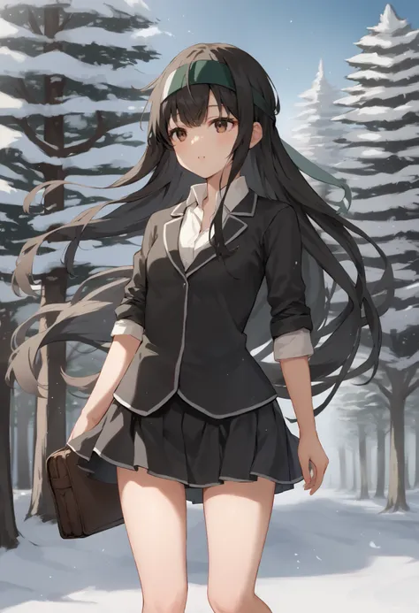  score_9, score_8_up, score_7_up, score_Anime, idealized form, natural light,  detailed background,blurry background, very detailed,(),First frost( kancoll), Brown Eyes ,(left(white)right(green)) headband behind a tree,(black)long hair,(low)hair,(black)hai...