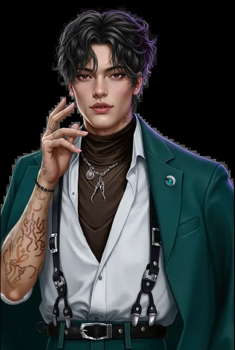 High Resolution, Anatomically Correct, Accurate, Award Winning, High Details, Textured Skin, male, young, Asian, short black hair, wavy hair, red eyes, vampire fangs, lip piercing, tall, handsome.