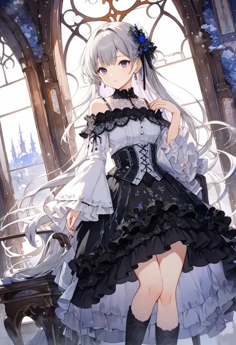     attractive young woman reading book in front of fireplace  、 Midnight,(((watercolor))),  (((gothic))), ,she was adorned with hair accessories、,Straight silver hair  。  Ruffled mini skirt, sheの表情は自然だ,    calm expression. she wore a dress with ruffled sl...