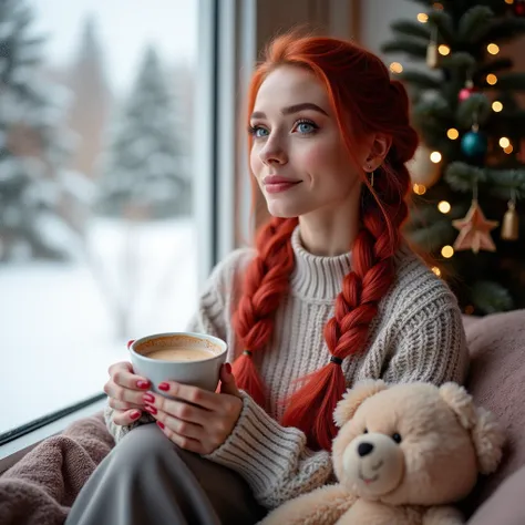  Creates an image of a beautiful woman with the face of a Nordic model red fuchsia fishtail braid hair,grey eyes,pink lip gloss , Smoky makeup,Eyeliner, sitting next to a window with a snowy landscape visible outside .  The person holds a hot drink and is ...