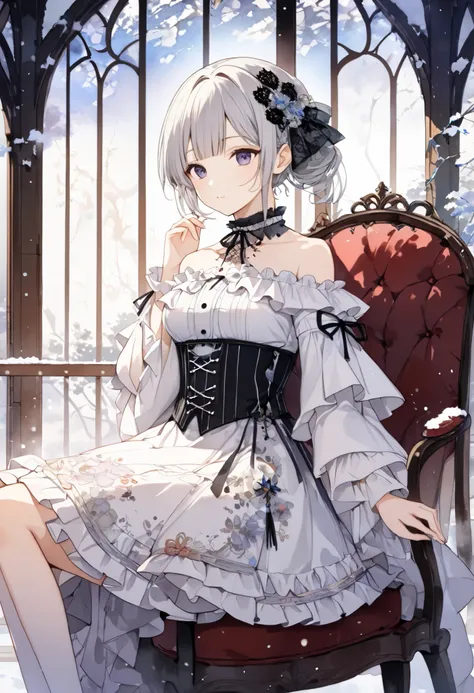     attractive young woman reading book in front of fireplace  、 Midnight,(((watercolor))),  (((gothic))), ,she was adorned with hair accessories、,Straight silver hair  。  Ruffled mini skirt, sheの表情は自然だ,    calm expression. she wore a dress with ruffled sl...