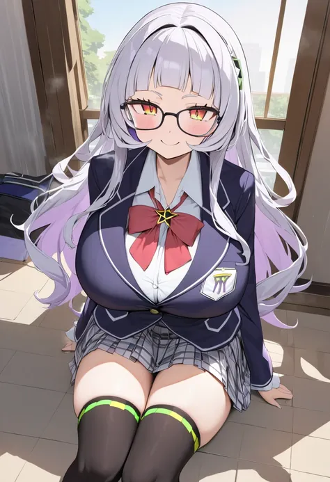 ( top quality, 8k, masterpiece),　 girl、young、Idol、1 person、 murasaki shion, 、 hololive ,Silver Hair  , Big Breasts ,smile、 like heaven、 red cheeks 、Tanimachis emphasis 、A rich variety of skin tones  , ( school uniform ,  blazer ,  Miniskirt , thigh-high so...