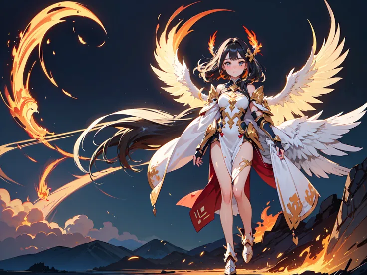 (((masterpiece, best quality, high detailed, 16k))) (1girl) A radiant young girl imbued with the powers of the phoenix, her eyes glowing with an inner fire. Her long, flowing hair is a fiery mix of red, orange, and gold, resembling the flames of a phoenix....