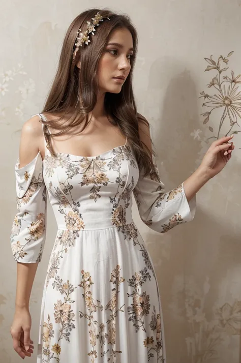 Masterpiece, better quality, portrait, front view, ((half body)), ((beautiful woman)) wearing ((long dress)), ((white dress with brown floral print)), ((sleeve dress)), profile, lookingto side, hands crossed, ((grey background))