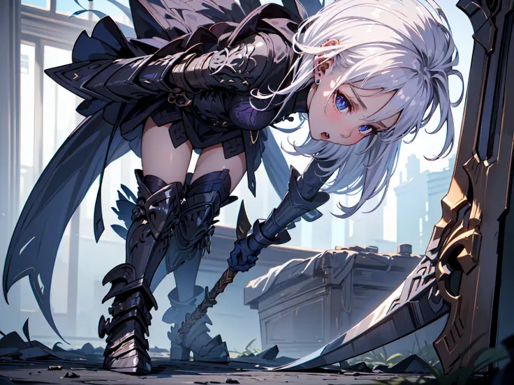 (((masterpiece, best quality, high detailed, 16k))) (1girl)  A breathtakingly beautiful young girl with short stylish white hair and piercing eyes. She wears a demonic armor in purple black and white. wields a large stylized scythe. ((full body front view)...