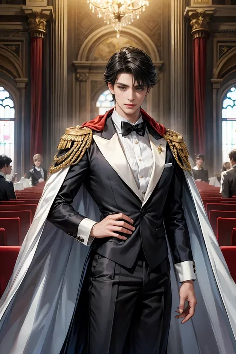 
masterpiece, 最high quality, high quality, 1 boy, alone, Male focus, Watching the audience,  Messy black hair, Adorable big blue eyes, White, Noble, Noble,Sexy voluminous cape、Tuxedo、A very voluminous, large, very large, very large, long, long red and blac...