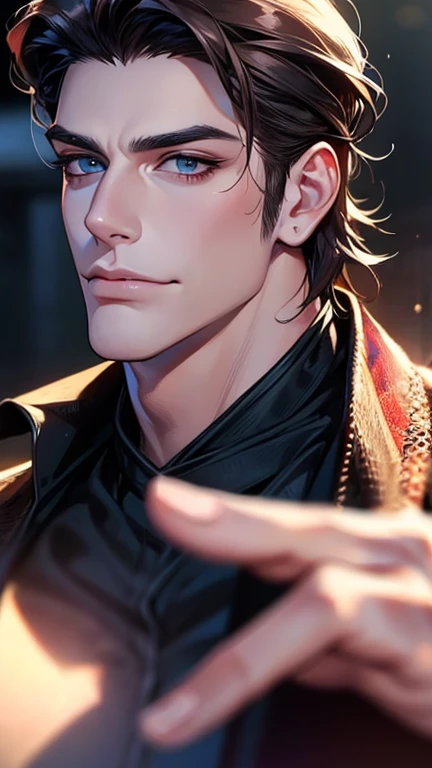 (best quality,4k,8k,highres,masterpiece:1.2),ultra-detailed,(realistic,photorealistic,photo-realistic:1.37),30 year old man,3 day beard,handsome anime,portraits,strong,masculine,dark hair,sharp jawline,mesmerizing eyes,perfectly styled hair,cool anime outf...