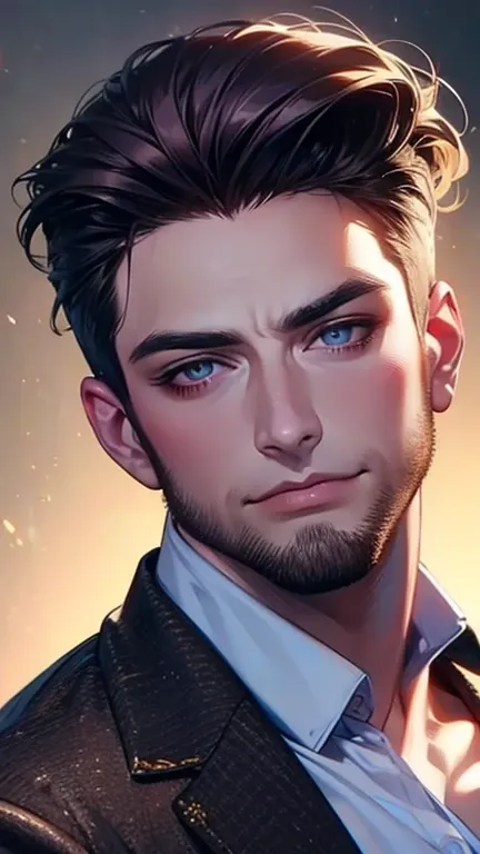 (best quality,4k,8k,highres,masterpiece:1.2),ultra-detailed,(realistic,photorealistic,photo-realistic:1.37),30 year old man,3 day beard,handsome anime,portraits,strong,masculine,dark hair,sharp jawline,mesmerizing eyes,perfectly styled hair,cool anime outf...