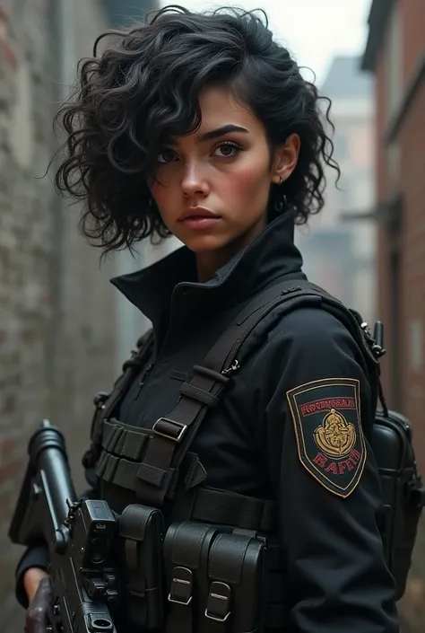 the model is a portughese soldier, a woman with very very curly bob hair, high cheekbones, chubby face, small heart lips, brown almond eyes, small nose in a call of duty style dressed with black gear