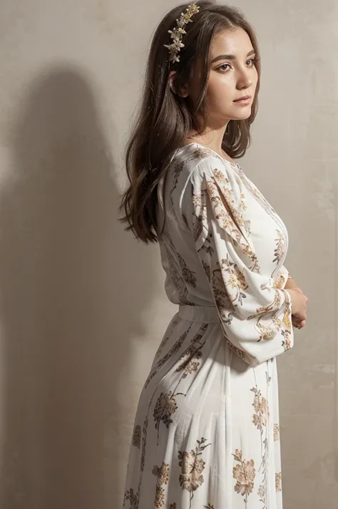 Masterpiece, better quality, portrait, front view, ((half body)), ((beautiful woman)) wearing ((long dress)), ((white dress with brown floral print)), ((sleeve dress)), profile, looking ahead, hands crossed, ((grey background))