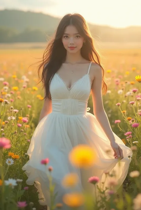 1 young Japanese girl with dark hair , beautiful Japanese teen actress, Japanese teen girl, Japanese young girl, Elegant and sexy,  walking through a dense field of colorful wildflowers .  flowing ,  white dress like air , fluffy skirt, princess shoes, Rev...