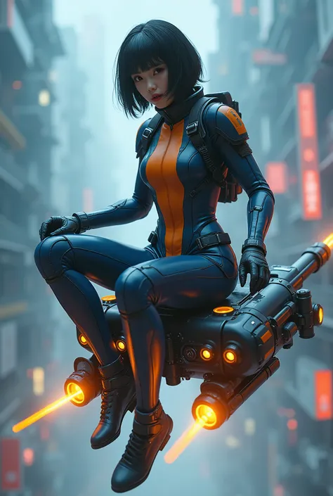 live-action、 real、A very beautiful Japanese high school girl straddling a flight unit、 Navy Blue and Orange Cyberpunk Suit 、 black hair、 short bob hair、Thick lips、Glowing Parts 、in flight、Propellers and small jet engines、