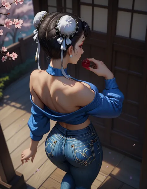 score_9, score_8_up, score_7_up, 1girl, solo, beautiful waifu, thicc, (Chun-Li:1.2), wearing (tight jeans:1.2), (off shoulder sweater:1.1), midriff, detailed eyes, detailed face, flirt, (sexy pose:1.2), in beautiful Kyoto park, cherry blossoms, lowlight, e...