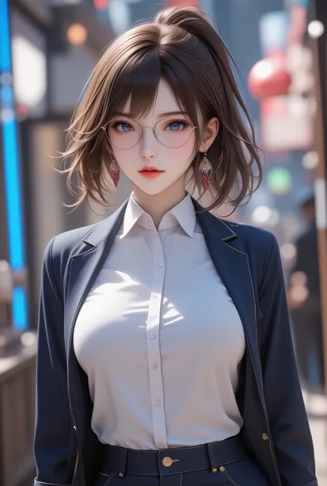 intelligent beauty, glasses, white shiny silky updo, amorous and lewd expression, captivating blue eyes, superlative body proportion, wearing navy blue business pants suit, white shirt, background iridescent various effects from different dimensions, effec...