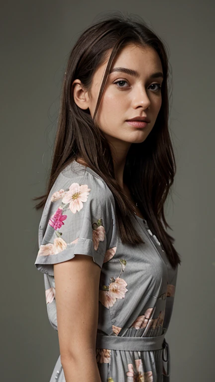 Masterpiece, better quality, portrait, front view, half body, ((beautiful woman)) wearing ((long dress)), ((dress with floral print)), profile, looking ahead, hands crossed, ((grey background))