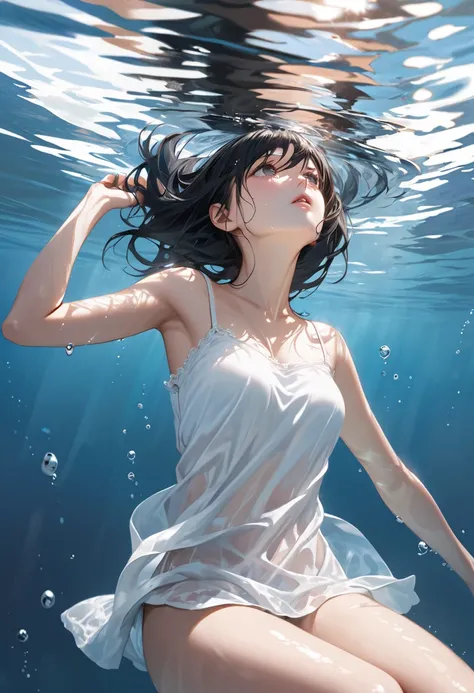 Ultra-realism

drowning woman
submerged in water
she looking up
small basted
arms are down
black hair
white camisole
bare leg