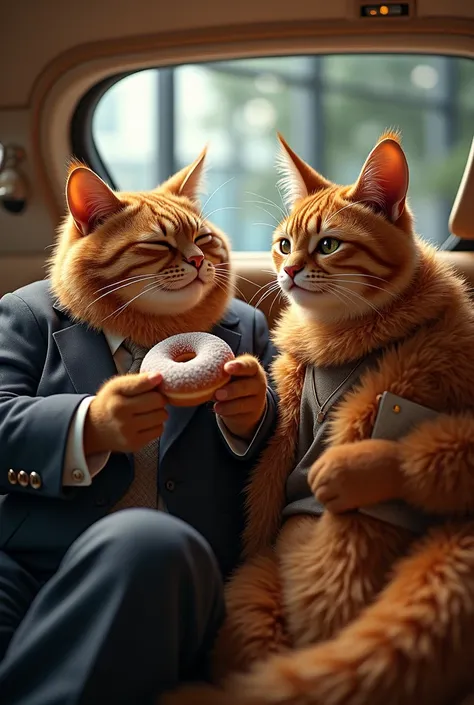 in a luxury car a fat cat with a human body sits, working in a large company, together with a red cat with a human body, beautiful and sexy in a fur coat and they eat donuts together and laugh