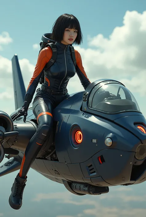 live-action、 real、 very beautiful Japanese high school girl straddling a flying robot、 Navy Blue and Orange Cyberpunk Suit 、 black hair、 short bob hair、Thick lips、Glowing Parts 、in flight、Propellers and small jet engines、Data is projected onto a large wind...