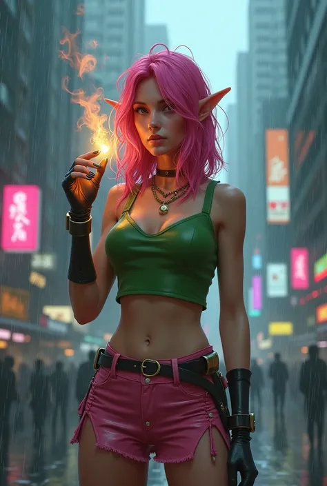 Elf middle-aged woman sets fire to a cigarette with fire with her hand,  rain, Cyberpunk City. Slim fit Green top ,  short pink skirt , Cigarette in the mouth,  pink hair 