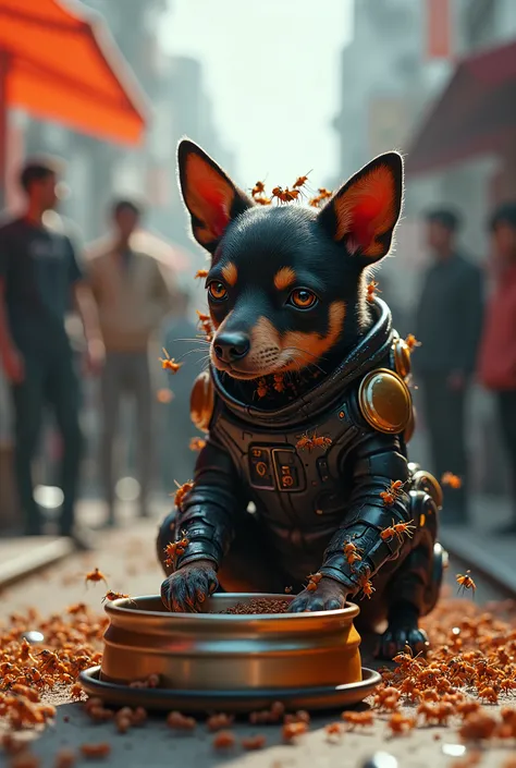 A vibrant scenery of (( Generate a dog with futuristic clothes, sad full of ants on his body )) in front of your food and water pot full of ants tbm, and people in the background looking at him and laughing. (( 8k ))