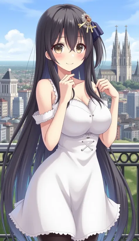 breasts, 1girl, dress, long hair, cityscape, building, large breasts, black hair, hair ornament, jewelry, white dress, earrings, city, cleavage, looking at viewer, bangs, ribbon, blush, outdoors, solo, bare shoulders, eyebrows visible through hair, town, c...