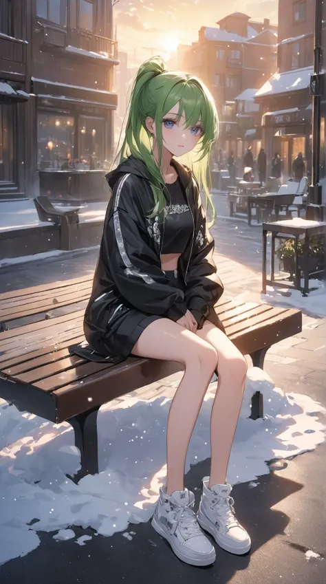 a woman.
 green hair, Long to the ground ,  2 ponytail , glitter.
 Right eye color blue and left eye color green, crystalline,  expressive, obfuscatings, bioluminescentes. 
 Snow White Skin .
 Medium and pointed breasts .
 Long and thin legs .
 Red hip-hop...