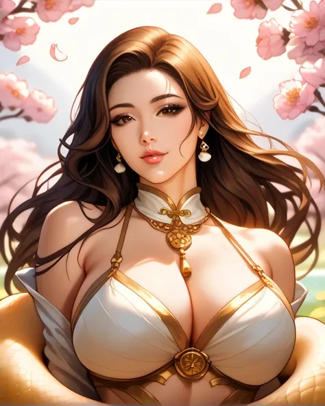 Looking from the front of the camera, in a scene composed of huge gilded gold and black petals and flowers, a pure gold giant snake raises its head high. A voluptuous Asian woman in a white colored laced string bikini stands in front of a pure gold orienta...