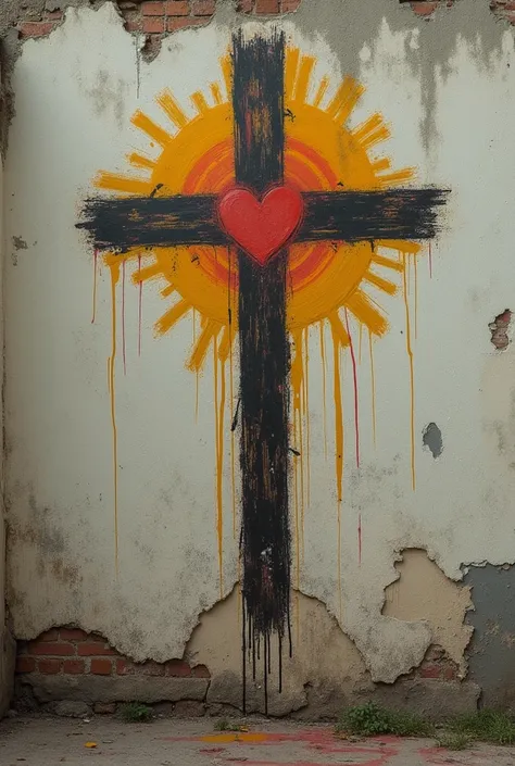 Image of a simple symbol ,  painted in a poorly done manner on the wall,  from a post-apocalyptic group called  "sacrifice" Who believes in a future , mesmo que haja alguns sacrifices 