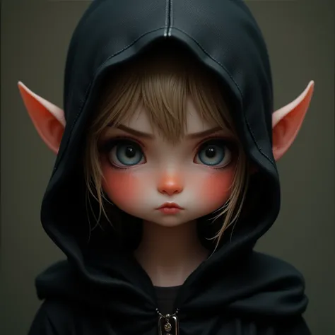 Cute elf girl with a pouting face wearing a black hood, face photo, ultra detailed, absolutely resolution, masterpiece