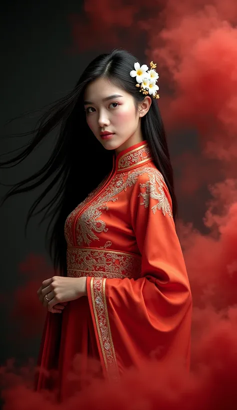 "A beautiful 19-year-old Lao woman wearing a traditional Lao dress. She looks graceful and elegant, with long hair decorated with white flowers. The dress has intricate embroidery and bright colors that reflect Lao culture. The background is dark, with red...