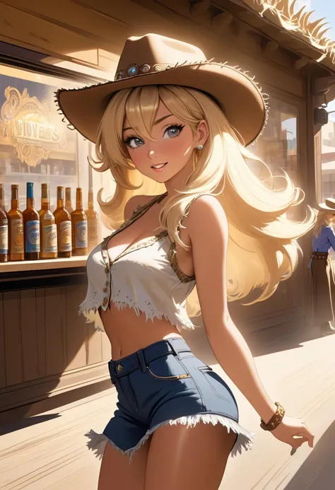 best quality, super fine, 16k, incredibly absurdres, extremely detailed, delicate, flashy and dynamic depiction, beautiful cute woman wearing western hat, excited look, blond messy hair, western fashion, superlative body proportion, western movie style tow...