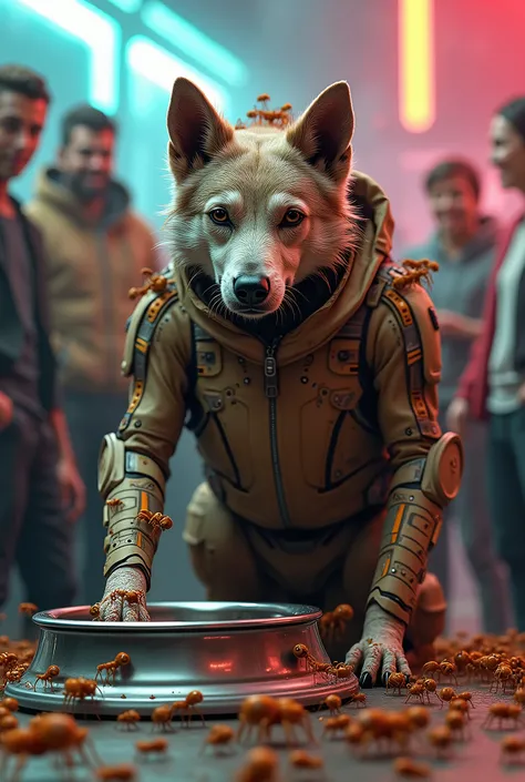 A vibrant scenery of (( Generate a dog with futuristic clothes, sad full of ants on his body )) in front of your food and water pot full of ants tbm, and people in the background looking at him and laughing. (( 8k ))