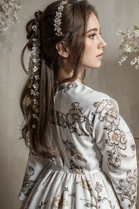 Masterpiece, better quality, portrait, front view, ((half body)), ((beautiful woman)) wearing ((long dress)), ((white dress with brown floral print)), ((sleeve dress)), profile, looking ahead, hands crossed, ((grey background))