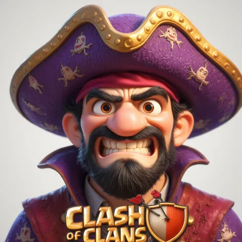 A cartoon-style pirate character for a game avatar, inspired by the style of Clash of Clans. The pirate wears a wide-brimmed purple hat, has a mischievous grin with visible teeth, expressive eyes, and a rugged beard. He is dressed in a burgundy costume wit...