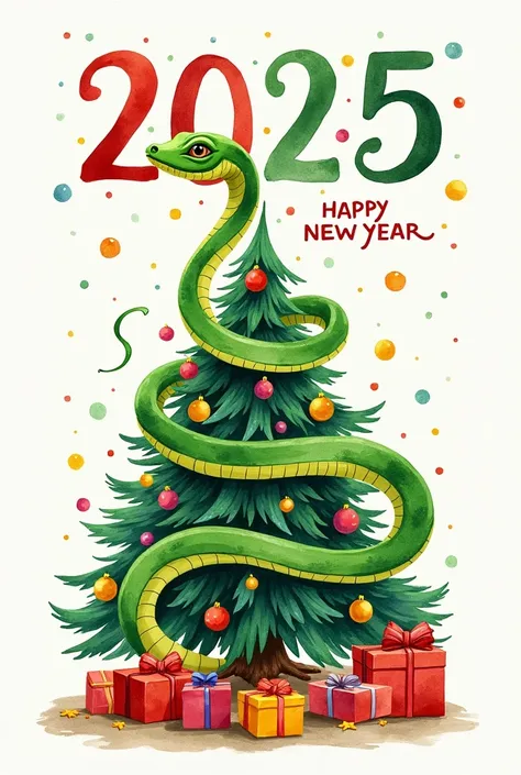 New Year poster ,  on which a green snake will be thrown,  Christmas tree decorations under which gifts ,  with an inscription"happy new year 2025 ! " painted in watercolor 
